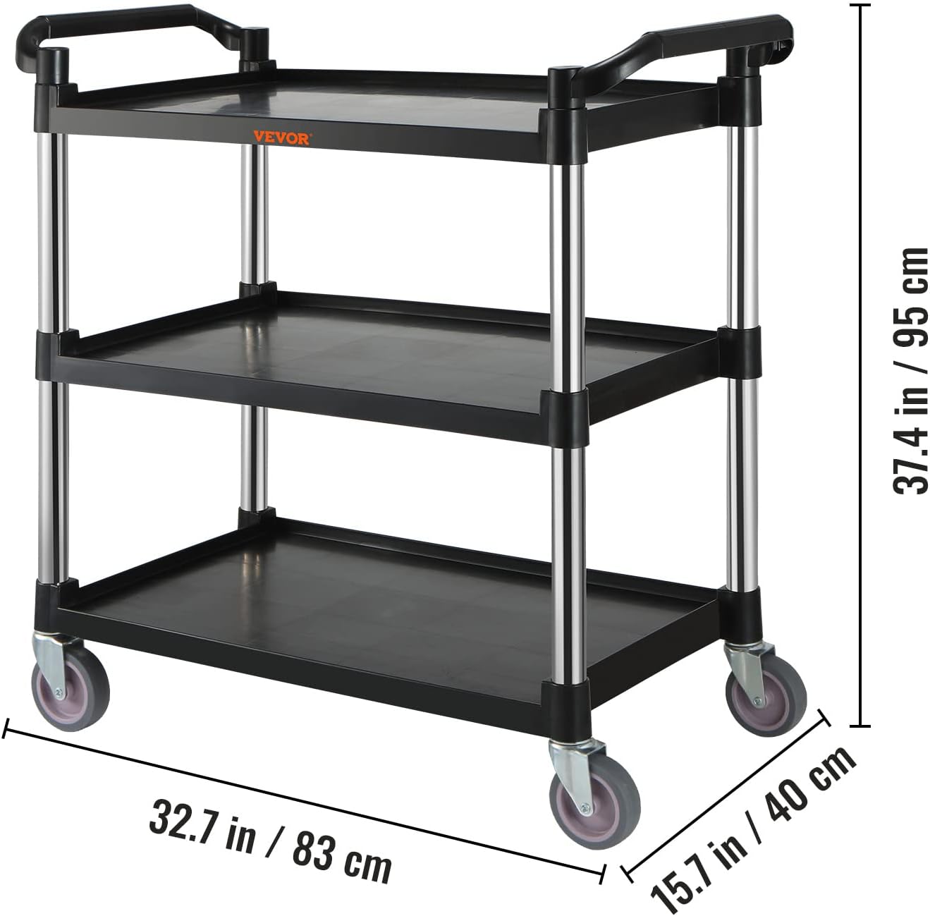 VEVOR Utility Service Cart, 3 Shelf Heavy Duty 154LBS Food Service Cart, Rolling Utility Cart with Lockable Wheels, 32.7 x 15.7 x 37.4 Plastic Utility Cart for Kitchen Office Restaurant Home, Black-