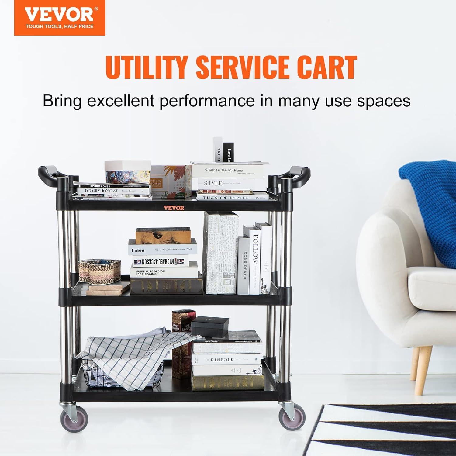 VEVOR Utility Service Cart, 3 Shelf Heavy Duty 154LBS Food Service Cart, Rolling Utility Cart with Lockable Wheels, 32.7 x 15.7 x 37.4 Plastic Utility Cart for Kitchen Office Restaurant Home, Black1