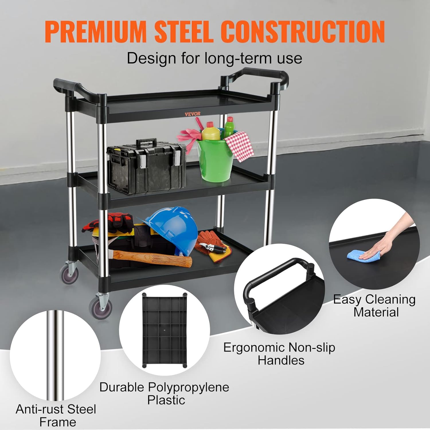 VEVOR Utility Service Cart, 3 Shelf Heavy Duty 154LBS Food Service Cart, Rolling Utility Cart with Lockable Wheels, 32.7 x 15.7 x 37.4 Plastic Utility Cart for Kitchen Office Restaurant Home, Black2