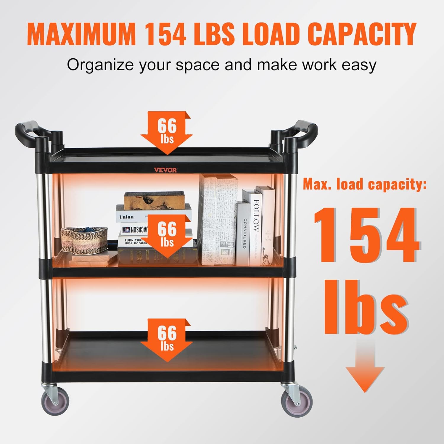 VEVOR Utility Service Cart, 3 Shelf Heavy Duty 154LBS Food Service Cart, Rolling Utility Cart with Lockable Wheels, 32.7 x 15.7 x 37.4 Plastic Utility Cart for Kitchen Office Restaurant Home, Black7
