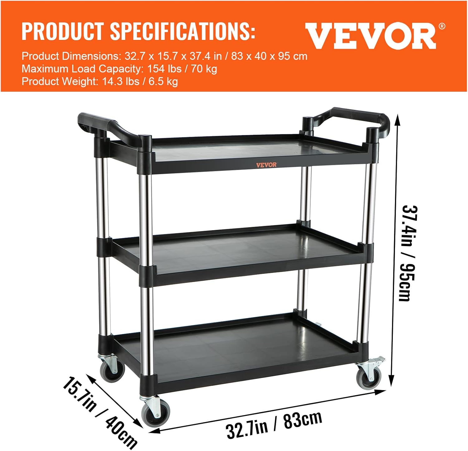 VEVOR Utility Service Cart, 3 Shelf Heavy Duty 154LBS Food Service Cart, Rolling Utility Cart with Lockable Wheels, 32.7 x 15.7 x 37.4 Plastic Utility Cart for Kitchen Office Restaurant Home, Black8