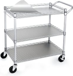 WDT 990Lbs Capacity Heavy Duty Rolling Utility Cart, NSF Rolling Carts with Wheels,Commercial Grade Metal Cart with Handle Bar & Shelf Liner,Trolley Serving Cart for Restaurant,Kitchen,Gray