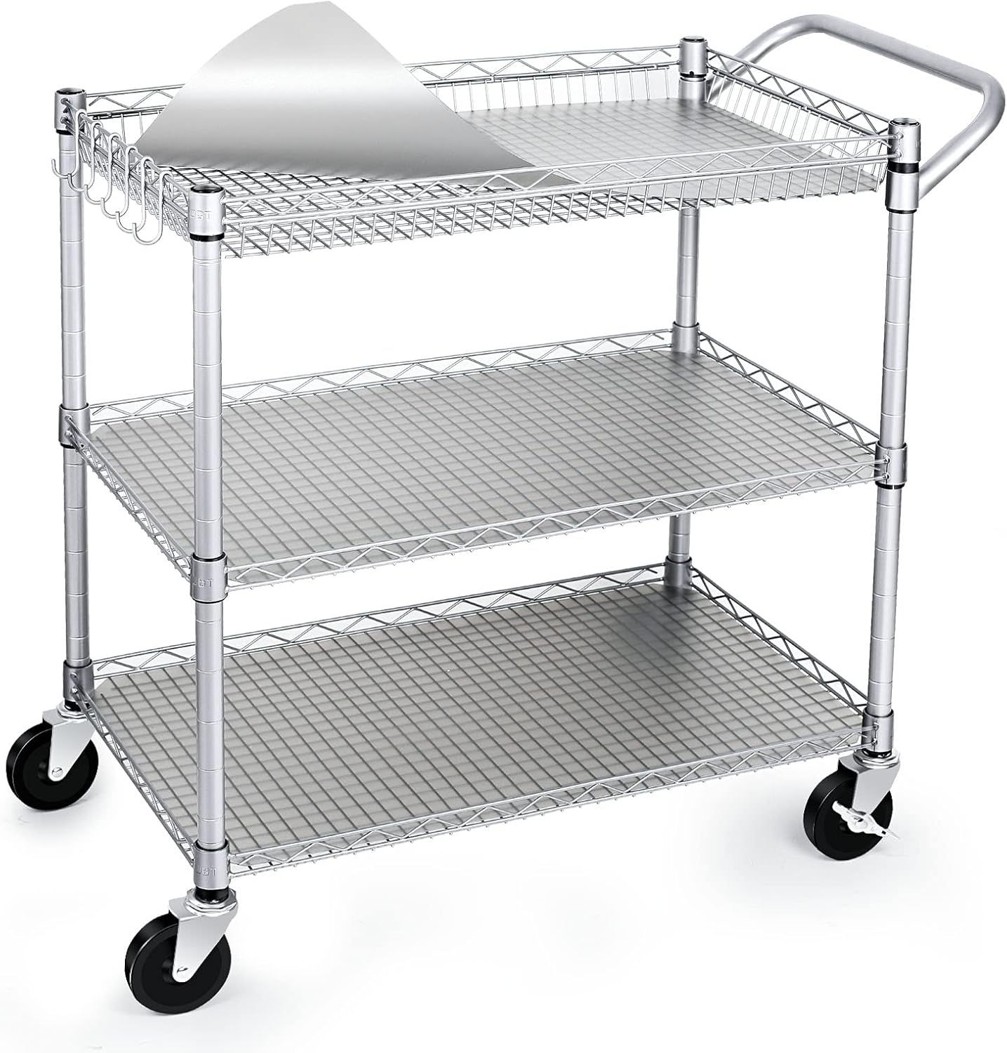 WDT 990Lbs Capacity Heavy Duty Rolling Utility Cart, NSF Rolling Carts with Wheels,Commercial Grade Metal Cart with Handle Bar & Shelf Liner,Trolley Serving Cart for Restaurant,Kitchen,Gray WDT 990Lbs Capacity Heavy Duty Rolling Utility Cart, NSF Rolling Carts with Wheels,Commercial Grade Metal Cart with Handle Bar & Shelf Liner,Trolley Serving Cart for Restaurant,Kitchen,Gray