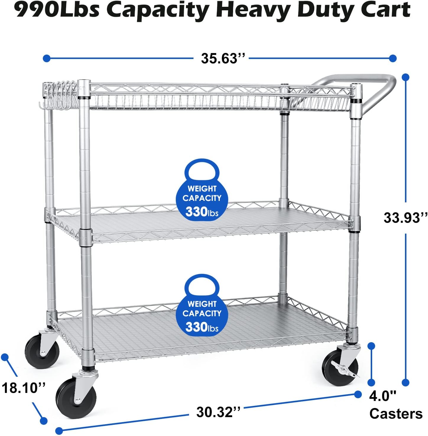 WDT 990Lbs Capacity Heavy Duty Rolling Utility Cart, NSF Rolling Carts with Wheels,Commercial Grade Metal Cart with Handle Bar & Shelf Liner,Trolley Serving Cart for Restaurant,Kitchen,Gray2
