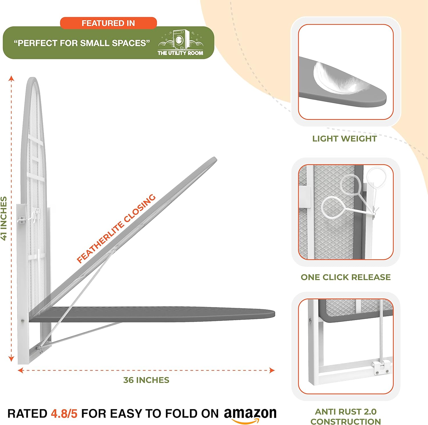 XABITAT Ironing Board, Wall Mounted, 36.2 X 12.2, Cotton Fabric Cover, White and Blue17