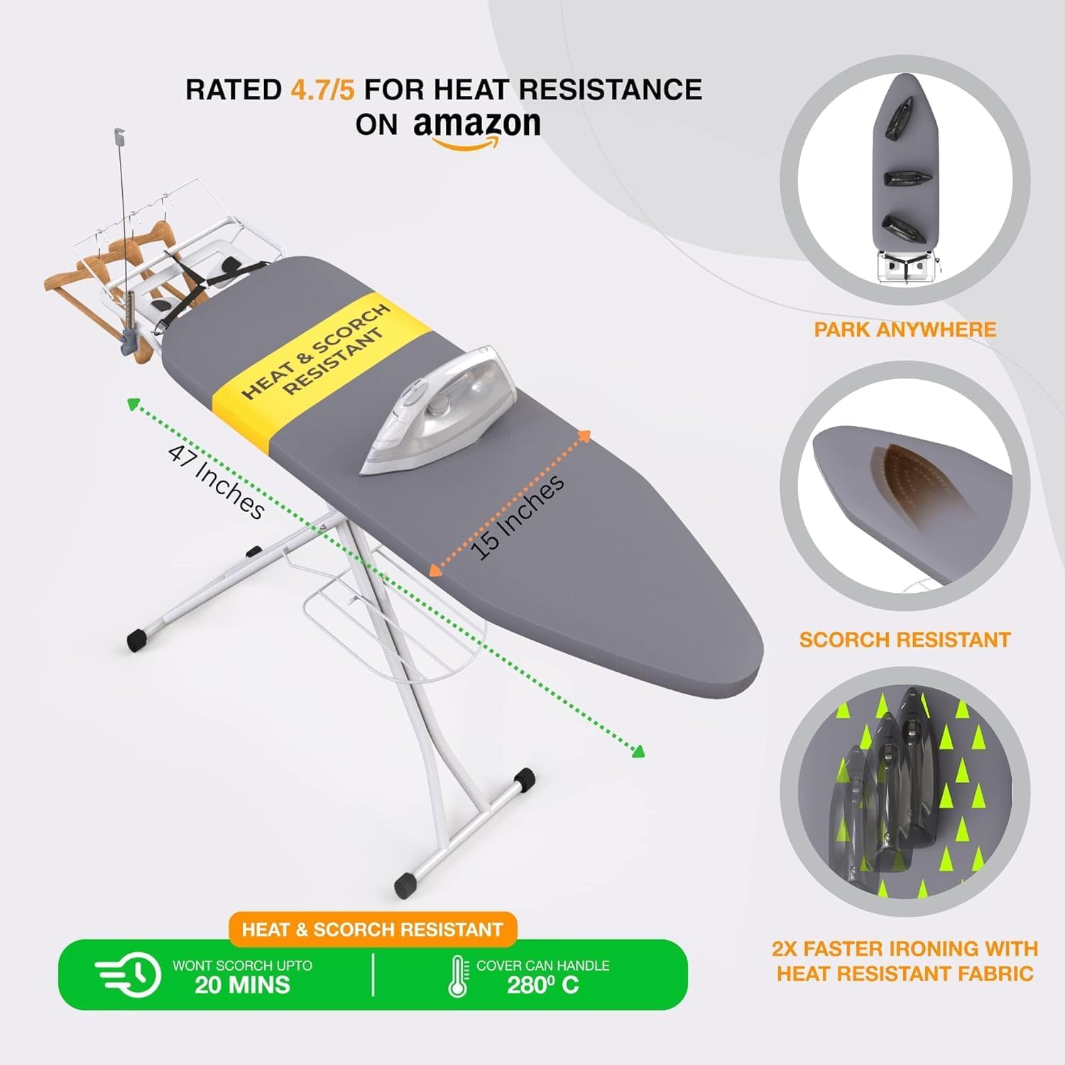 Xabitat Full Size Ironing Board 57 X 15 W Wall Mount Hanger Full Metal Construction Iron Board Built in Iron Caddy Heat & Scorch Resistant Fabric Cord Holder Anti-Skid Feet Heavy Duty3