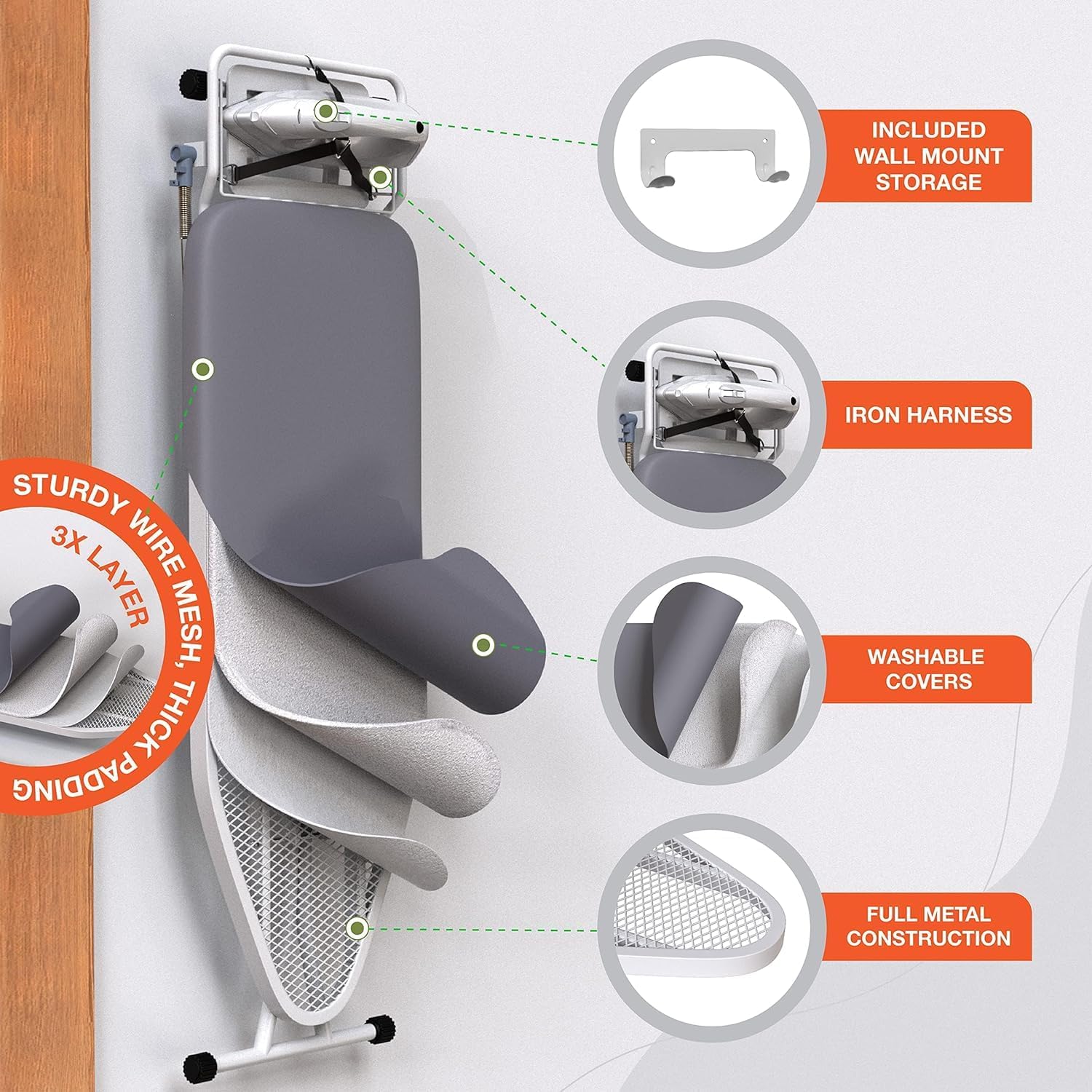 Xabitat Full Size Ironing Board 57 X 15 W Wall Mount Hanger Full Metal Construction Iron Board Built in Iron Caddy Heat & Scorch Resistant Fabric Cord Holder Anti-Skid Feet Heavy Duty6