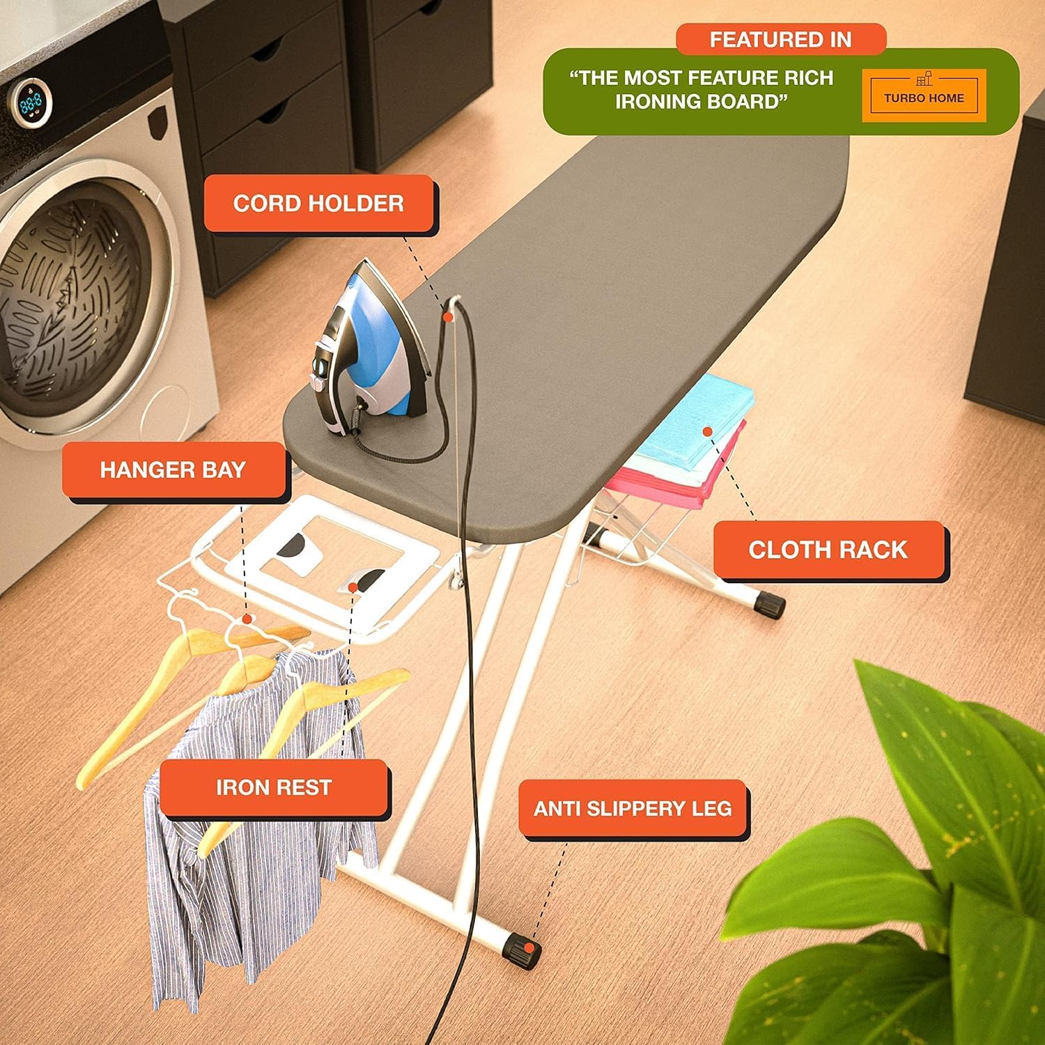 Xabitat Full Size Ironing Board 57 X 15 W Wall Mount Hanger Full Metal Construction Iron Board Built in Iron Caddy Heat & Scorch Resistant Fabric Cord Holder Anti-Skid Feet Heavy Duty7