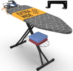Xabitat Full Size Ironing Board 57" X 18" W/Wall Mount Hanger | Full Metal Construction Iron Board| Built in Iron Caddy | Heat & Scorch Resistant Fabric | Cord Holder | Anti-Skid Feet | Heavy Duty