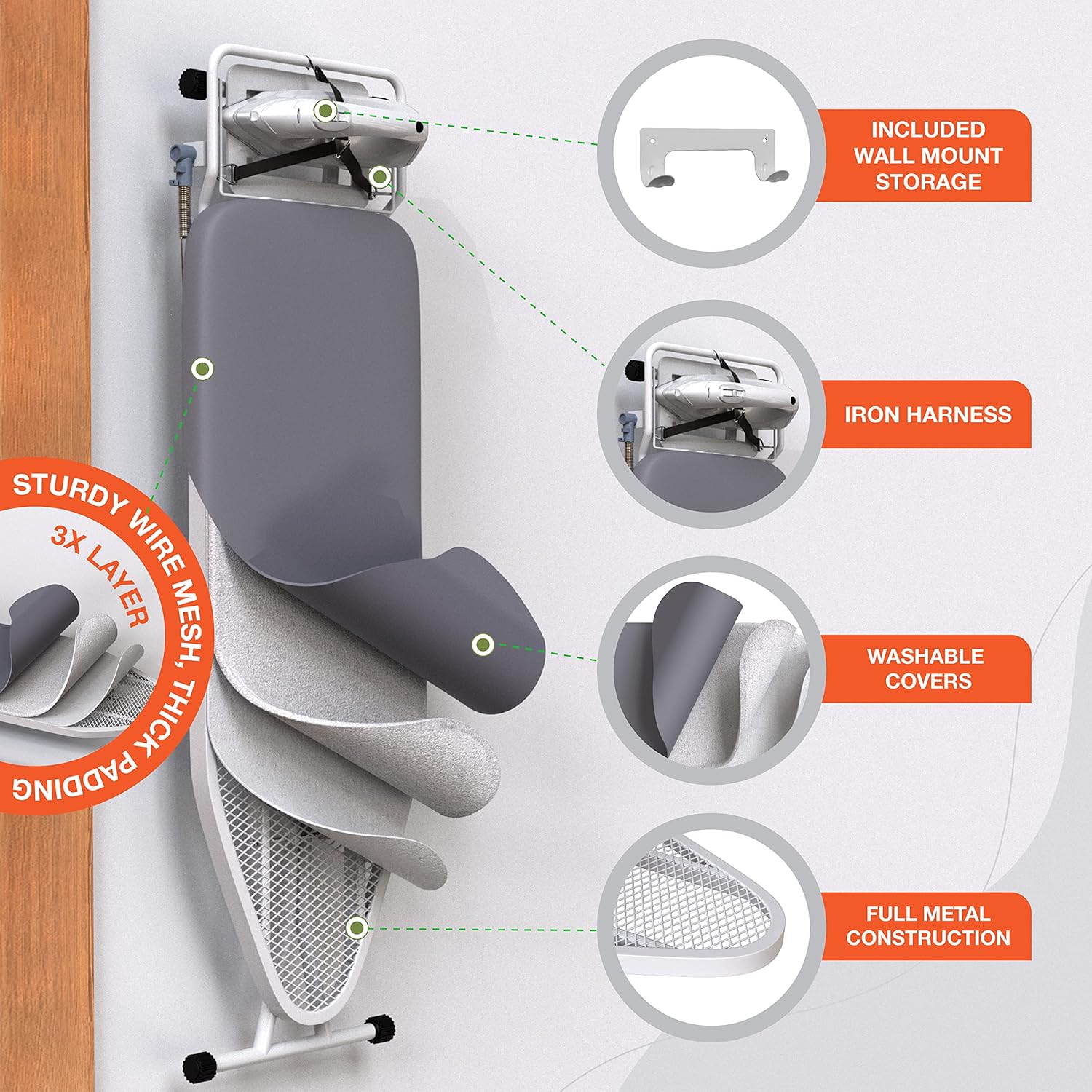 Xabitat Full Size Ironing Board 57 X 18W Wall Mount Hanger Full Metal Construction Iron Board Built in Iron Caddy Heat & Scorch Resistant Fabric Cord Holder Anti-Skid Feet Heavy Duty5
