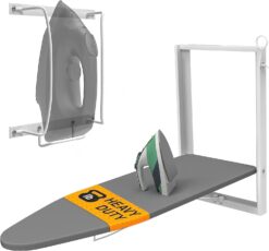 Xabitat Wall Mounted Ironing Board with Iron Holder | 36.2" X 12.2" Compact Mount Fold Down Iron Board for Small Spaces | Space Saving with Cotton Fabric Cover | White and Grey