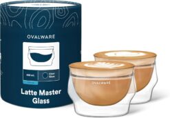 ovalware 8.5oz Double Wall Latte Cups, Latte Set of 2 - Latte Glasses for Cold & Hot Drink, Palm Sized Latte Glass Cups with Wide Rim for Latte Art - Clear Glass