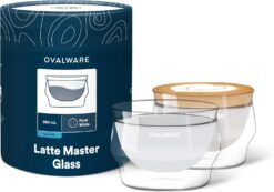 ovalware 8.5oz Double Wall Latte Cups, Latte Set of 2 - Latte Glasses for Cold & Hot Drink, Palm Sized Latte Glass Cups with Wide Rim for Latte Art - Frost White