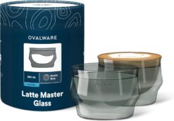 ovalware 8.5oz Double Wall Latte Cups, Latte Set of 2 - Latte Glasses for Cold & Hot Drink, Palm Sized Latte Glass Cups with Wide Rim for Latte Art - Stealth Gray