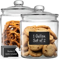 1 Gallon Glass Cookie Jars + Labels & Marker - Set of 2 Canister Sets for Kitchen Counter with Airtight Lids, Sugar Packet Holders Food Storage Containers with Lids Airtight for Pantry, Flour, Sugar,