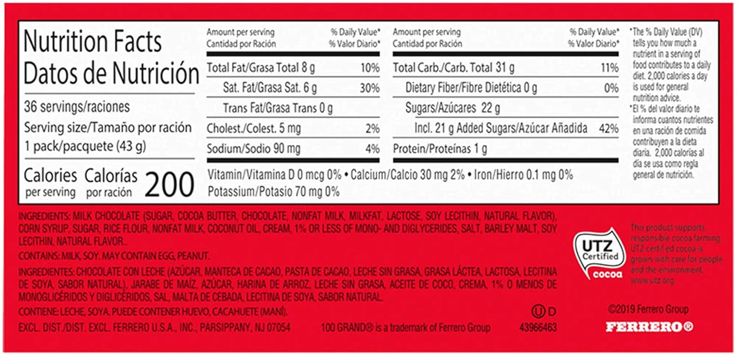 100 Grand Milk Chocolate Candy Bars, Full Size Bulk Individually Wrapped Ferrero Candy, Pack of 3656