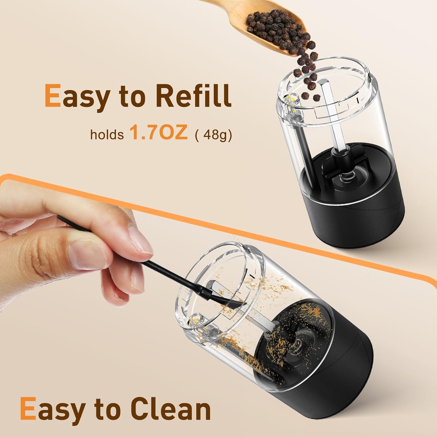 2 Pack Electric Salt and Pepper Grinder Set, Rechargeable - No Battery Needed - Large Capacity Automatic Salt Pepper Mill Grinder with Warm LED Light, Adjustable Coarseness Pepper Grinder for Kitchen…-