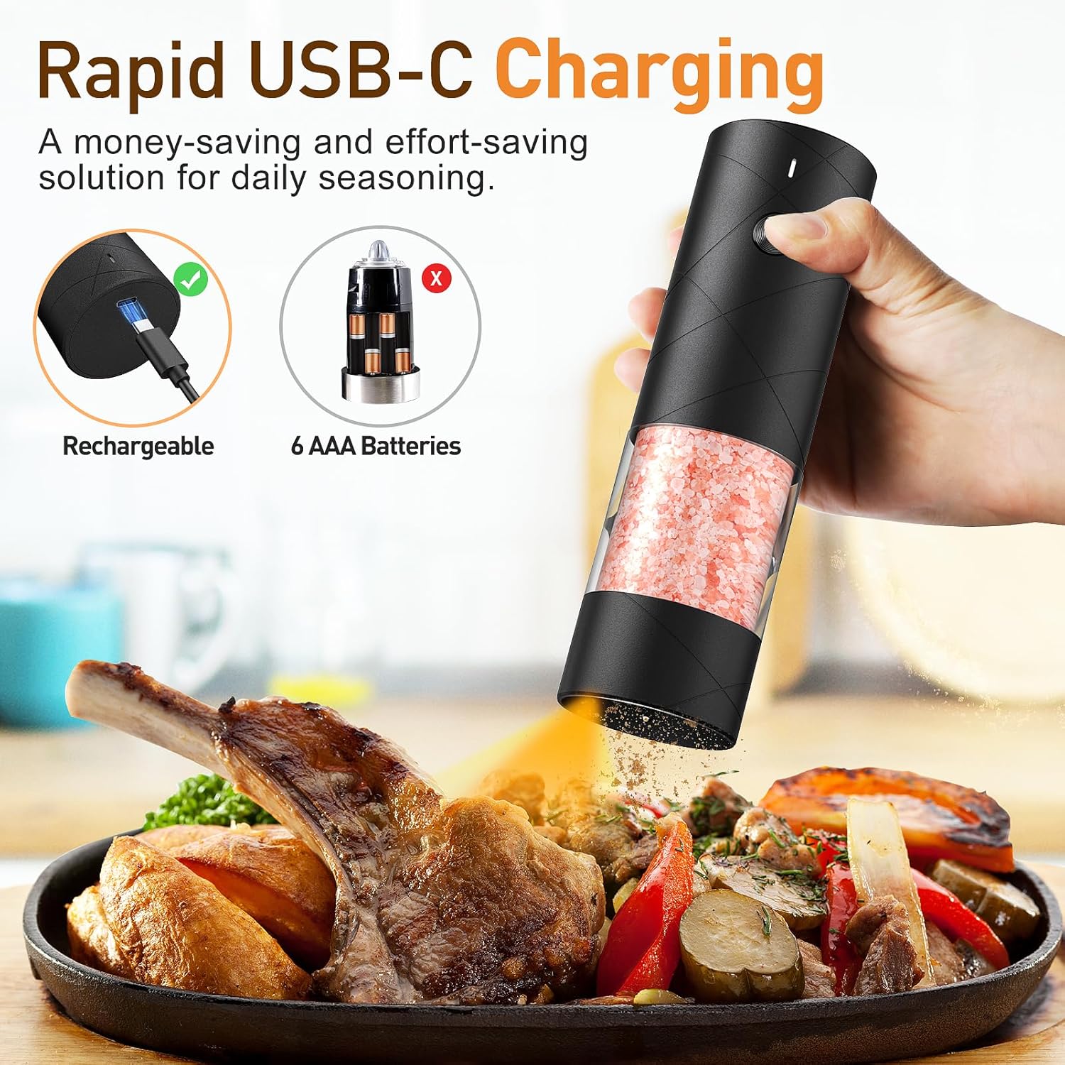 2 Pack Electric Salt and Pepper Grinder Set, Rechargeable - No Battery Needed - Large Capacity Automatic Salt Pepper Mill Grinder with Warm LED Light, Adjustable Coarseness Pepper Grinder for Kitchen…3