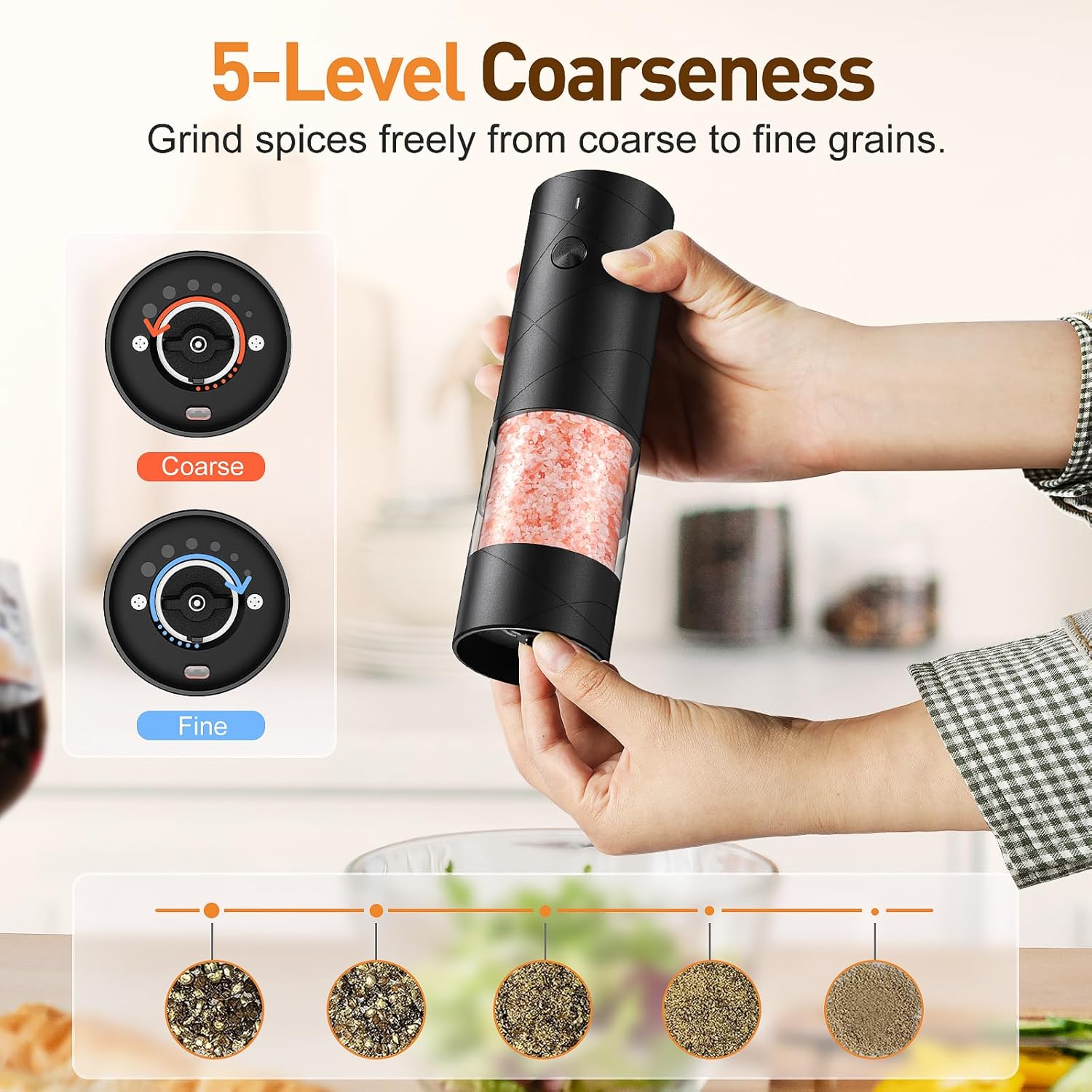 2 Pack Electric Salt and Pepper Grinder Set, Rechargeable - No Battery Needed - Large Capacity Automatic Salt Pepper Mill Grinder with Warm LED Light, Adjustable Coarseness Pepper Grinder for Kitchen…8