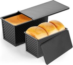 2 Pack Pullman Loaf Pan with Lid, 13x4 & 9x4 inch (2.2 lb & 1 lb Dough Capacity), Non-Stick Sandwich Bread Loaf Pan for Homemade Baking Bread, Black