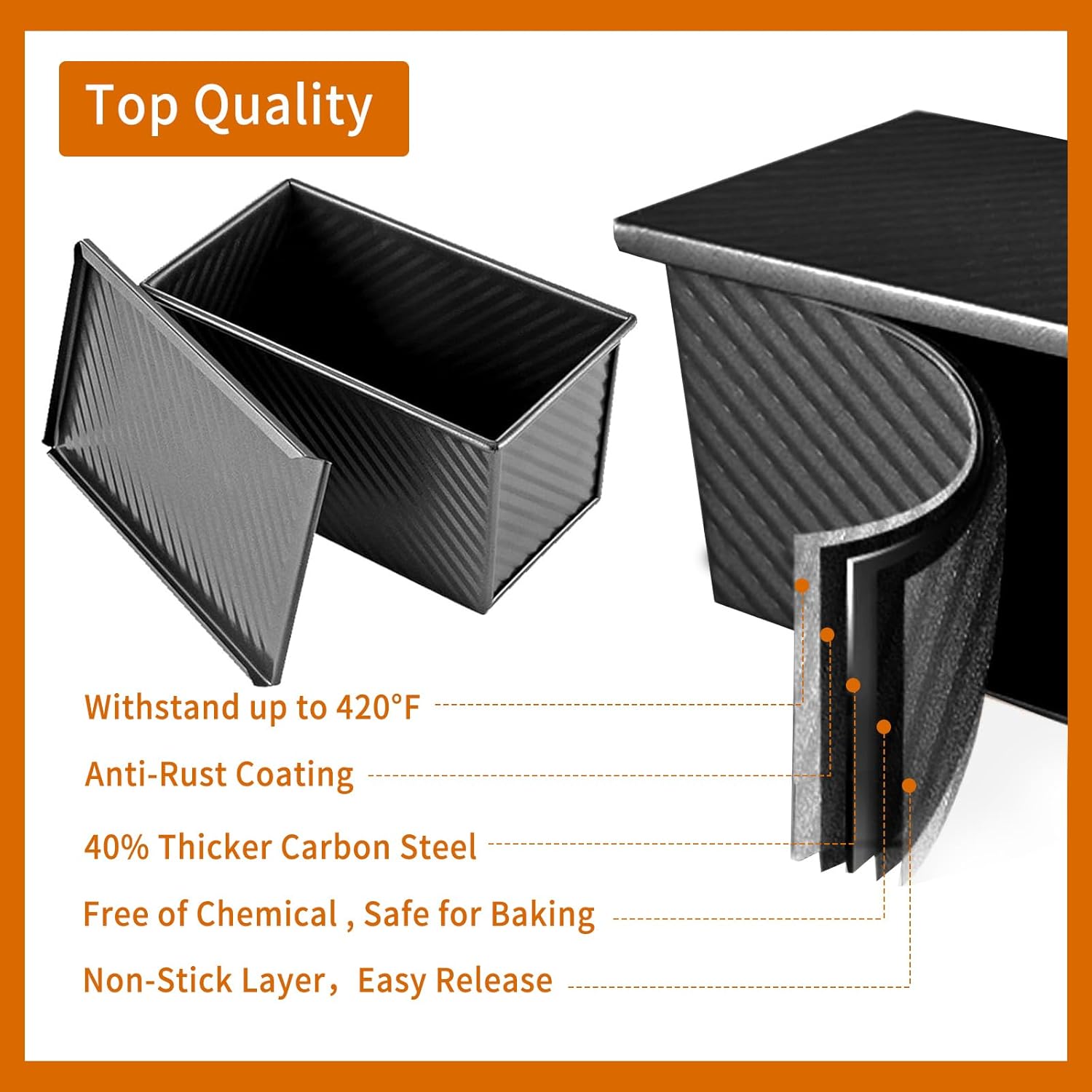 2 Pack Pullman Loaf Pan with Lid, 13x4 & 9x4 inch (2.2 lb & 1 lb Dough Capacity), Non-Stick Sandwich Bread Loaf Pan for Homemade Baking Bread, Black3