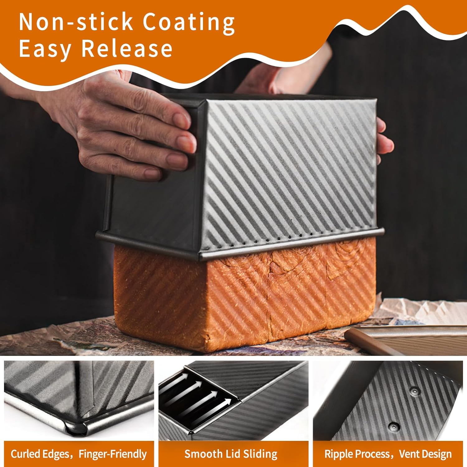 2 Pack Pullman Loaf Pan with Lid, 13x4 & 9x4 inch (2.2 lb & 1 lb Dough Capacity), Non-Stick Sandwich Bread Loaf Pan for Homemade Baking Bread, Black5