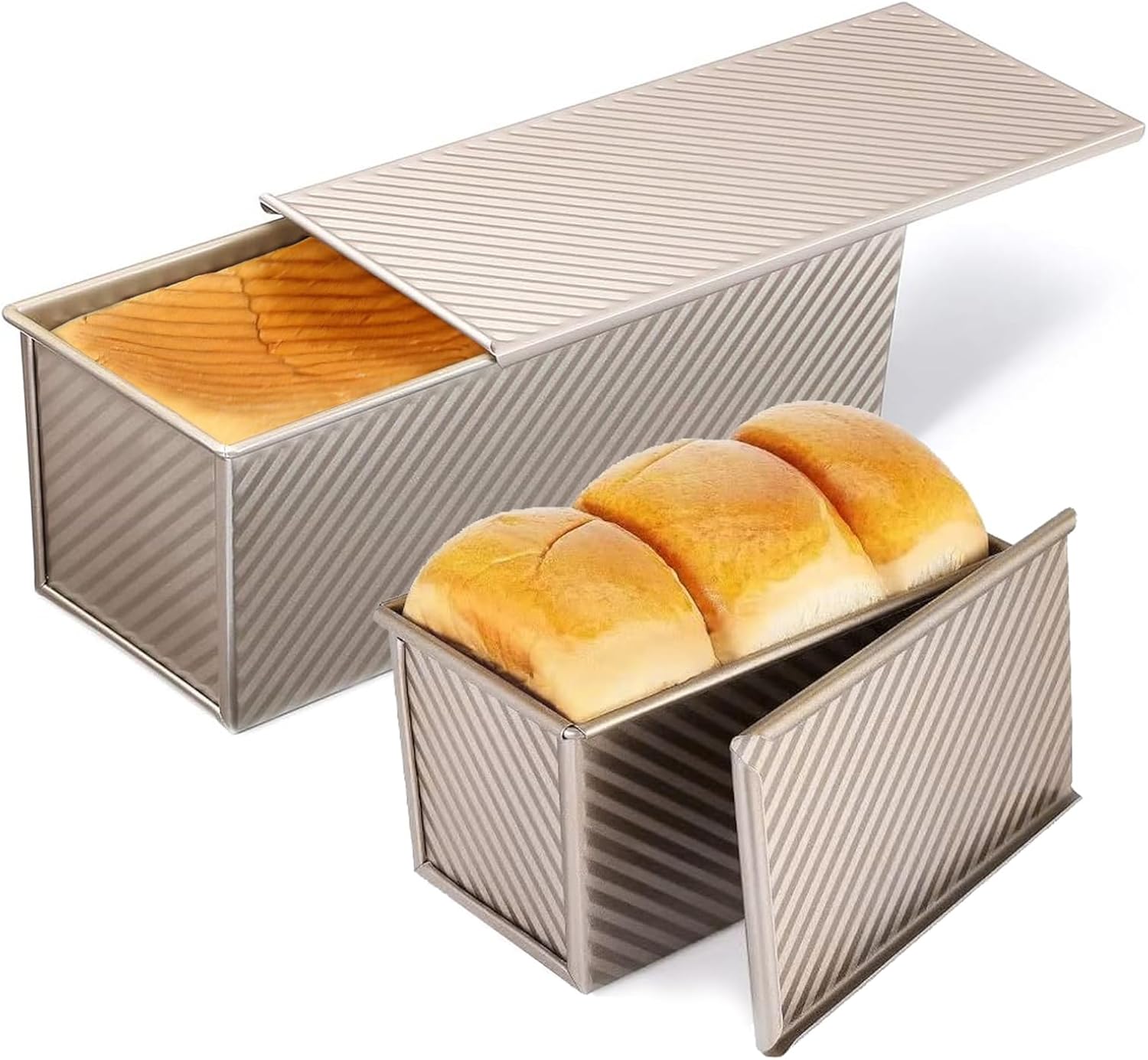 2 Pack Pullman Loaf Pan with Lid, 13x4 & 9x4 inch (2.2 lb & 1 lb Dough Capacity), Non-Stick Sandwich Bread Loaf Pan for Homemade Baking Bread, Gold 2 Pack Pullman Loaf Pan with Lid, 13x4 & 9x4 inch (2.2 lb & 1 lb Dough Capacity), Non-Stick Sandwich Bread Loaf Pan for Homemade Baking Bread, Gold