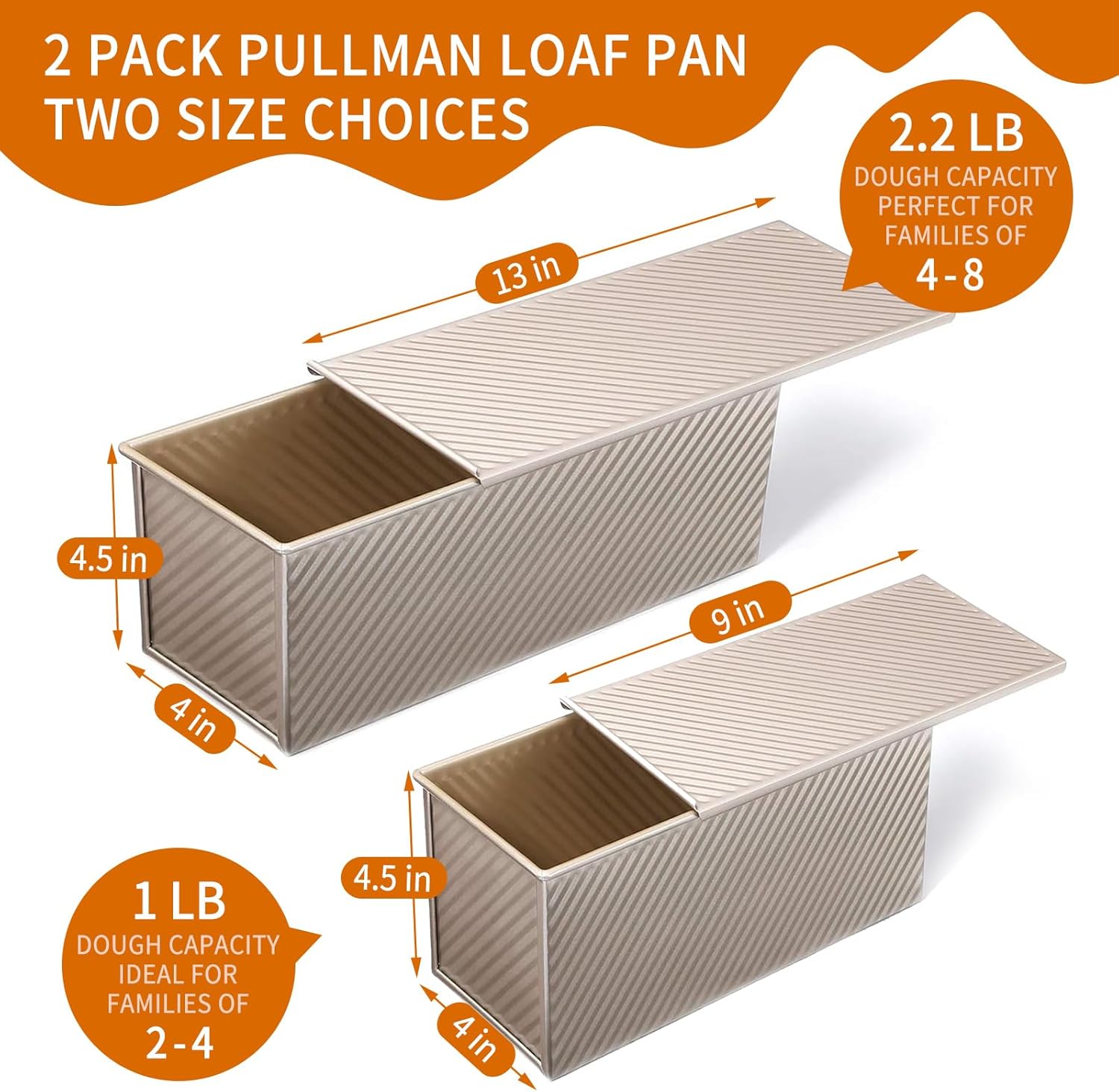 2 Pack Pullman Loaf Pan with Lid, 13x4 & 9x4 inch (2.2 lb & 1 lb Dough Capacity), Non-Stick Sandwich Bread Loaf Pan for Homemade Baking Bread, Gold`11