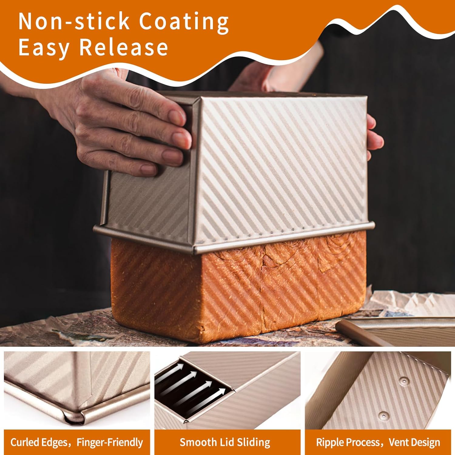 2 Pack Pullman Loaf Pan with Lid, 13x4 & 9x4 inch (2.2 lb & 1 lb Dough Capacity), Non-Stick Sandwich Bread Loaf Pan for Homemade Baking Bread, Gold6