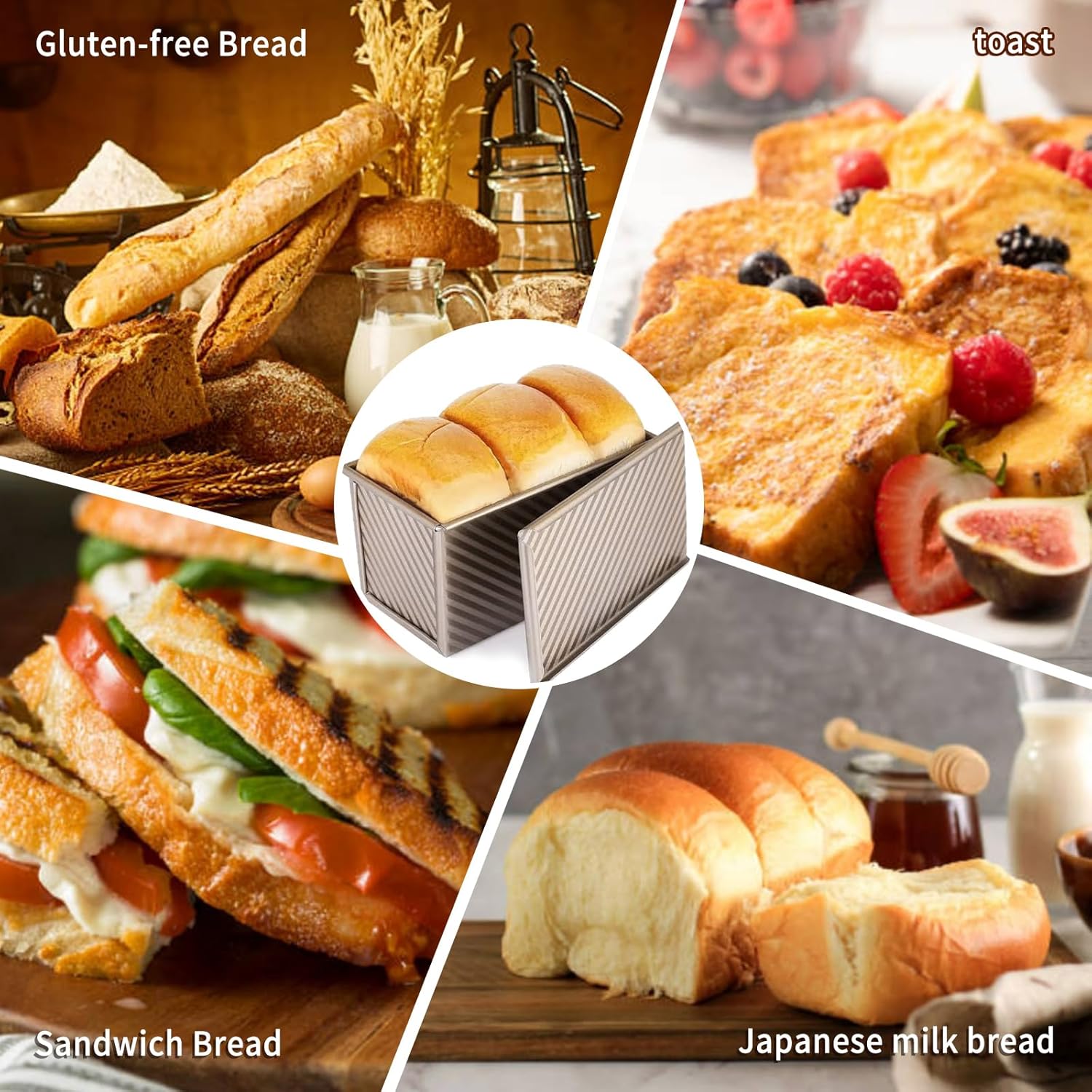 2 Pack Pullman Loaf Pan with Lid, 13x4 & 9x4 inch (2.2 lb & 1 lb Dough Capacity), Non-Stick Sandwich Bread Loaf Pan for Homemade Baking Bread, Gold8