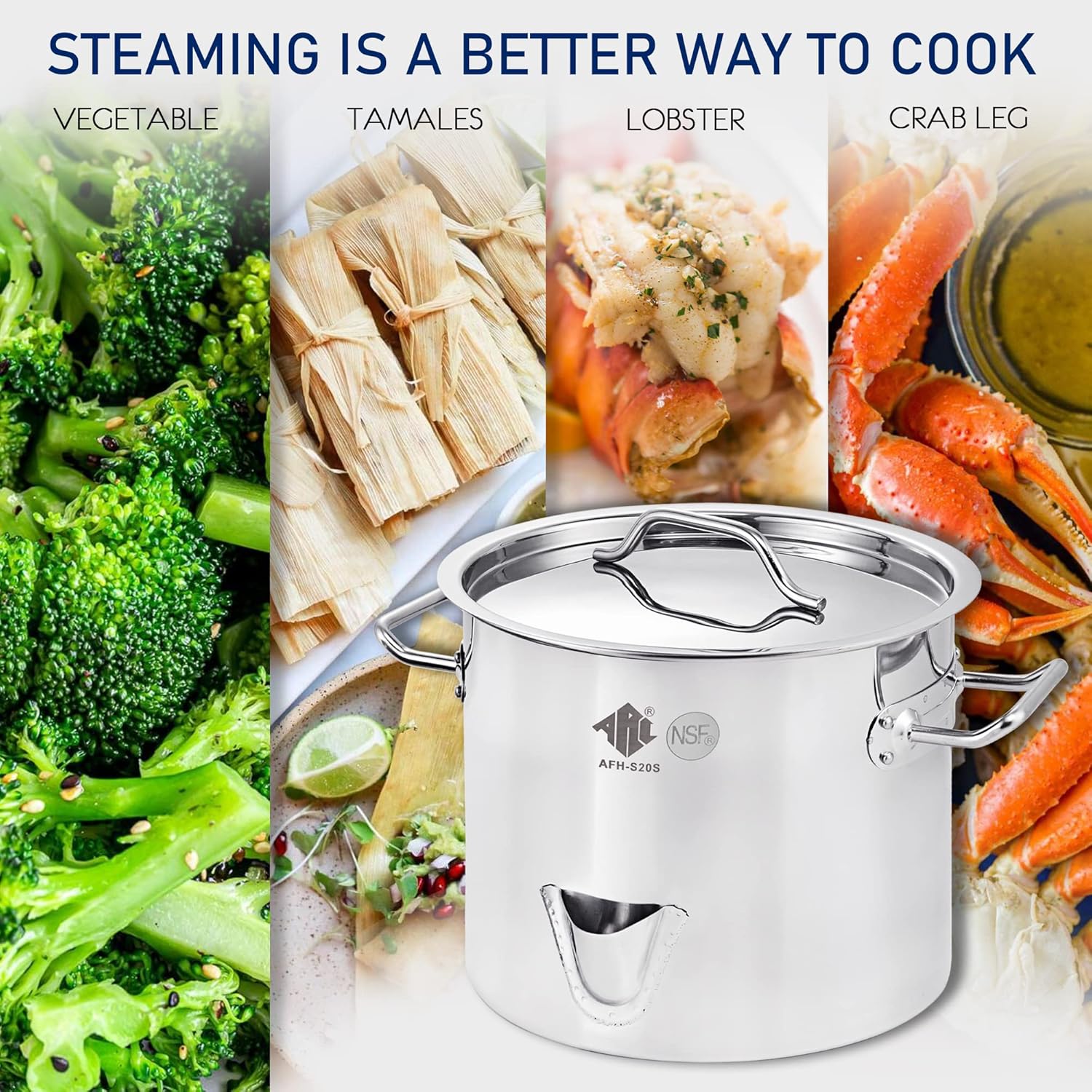 ARC 20QT Stainless Steel Tamale Steamer Pot w Easy-fill Water Spout, Seafood Crab Steamer with Divider and Steamer Rack, 5 Gallon-