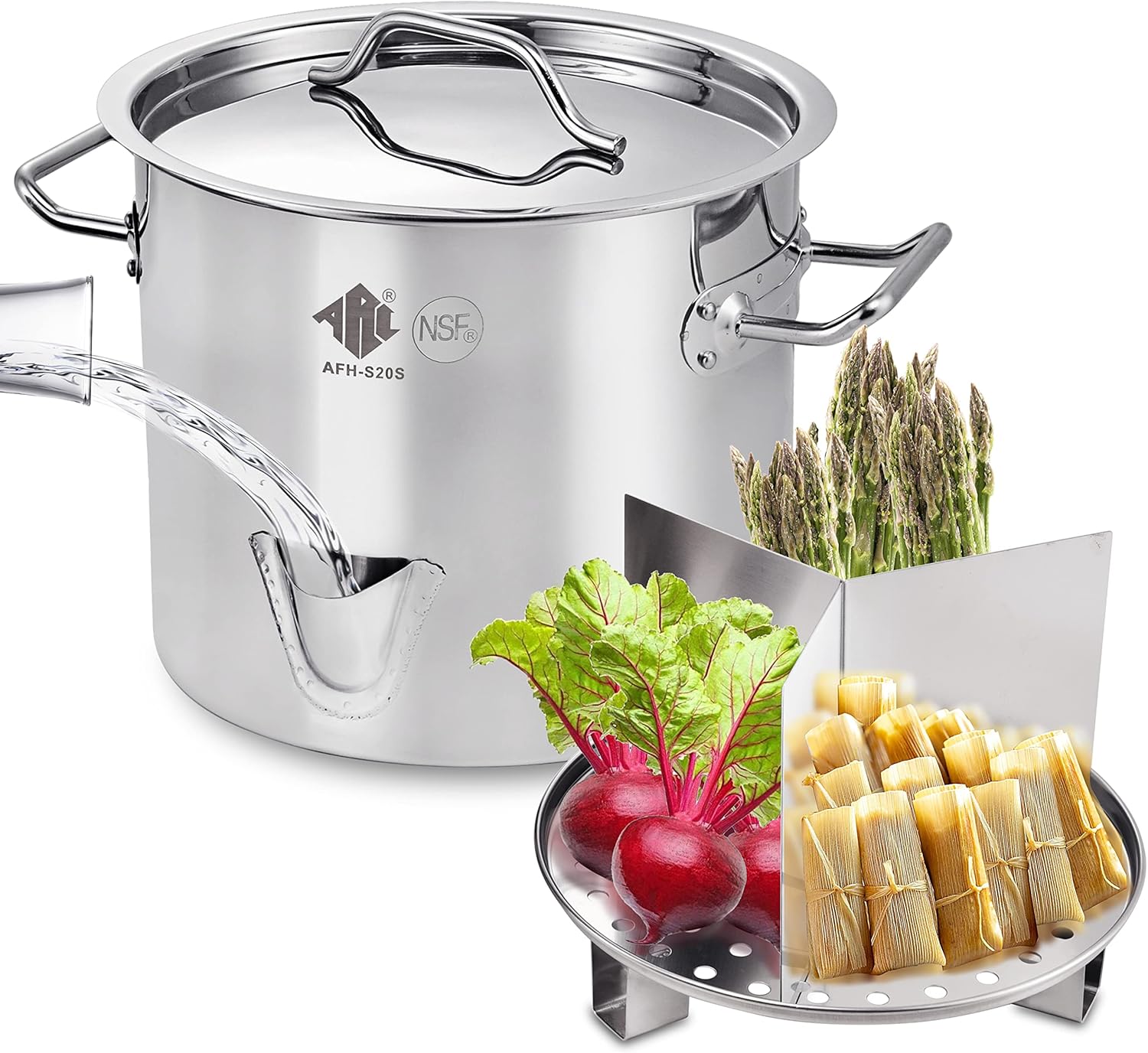 ARC 20QT Stainless Steel Tamale Steamer Pot w Easy-fill Water Spout, Seafood Crab Steamer with Divider and Steamer Rack, 5 Gallon ARC 20QT Stainless Steel Tamale Steamer Pot w/Easy-fill Water Spout, Seafood Crab Steamer with Divider and Steamer Rack, 5 Gallon