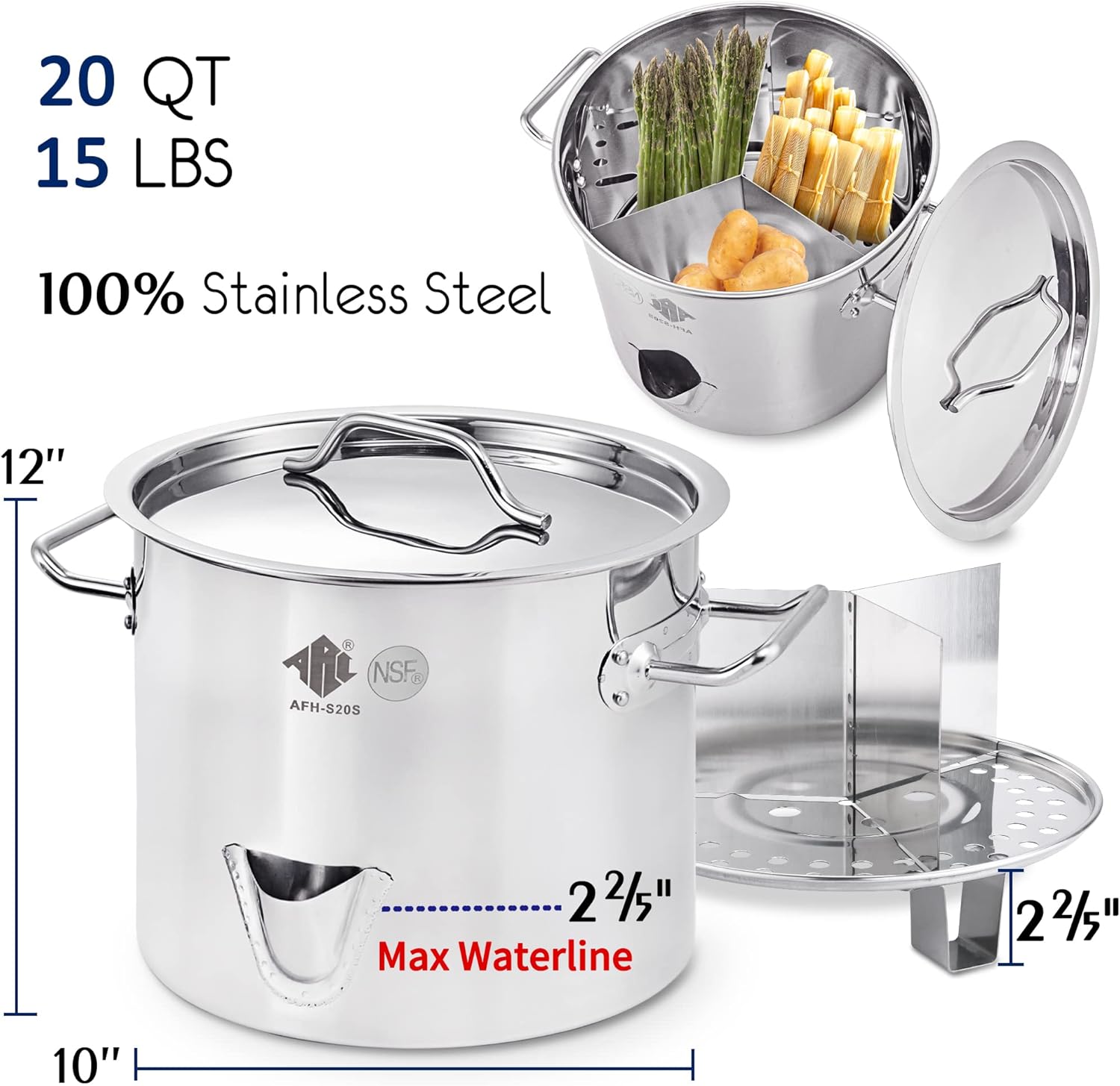 ARC 20QT Stainless Steel Tamale Steamer Pot w Easy-fill Water Spout, Seafood Crab Steamer with Divider and Steamer Rack, 5 Gallon4