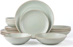 ARORA RINGAR Round Stoneware 16pc Double Bowl Dinnerware Set for 4, Dinner Plates, Side Plates, Cereal Bowls, Pasta Bowls - Speckle Matte White (405878)