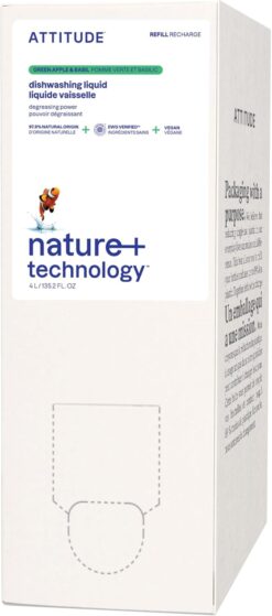 ATTITUDE Dishwashing Liquid, EWG Verified, Vegan Dish Soap, Plant Based, Naturally Derived Products, Green Apple and Basil, Bulk Refill, 135.3 Fl Oz