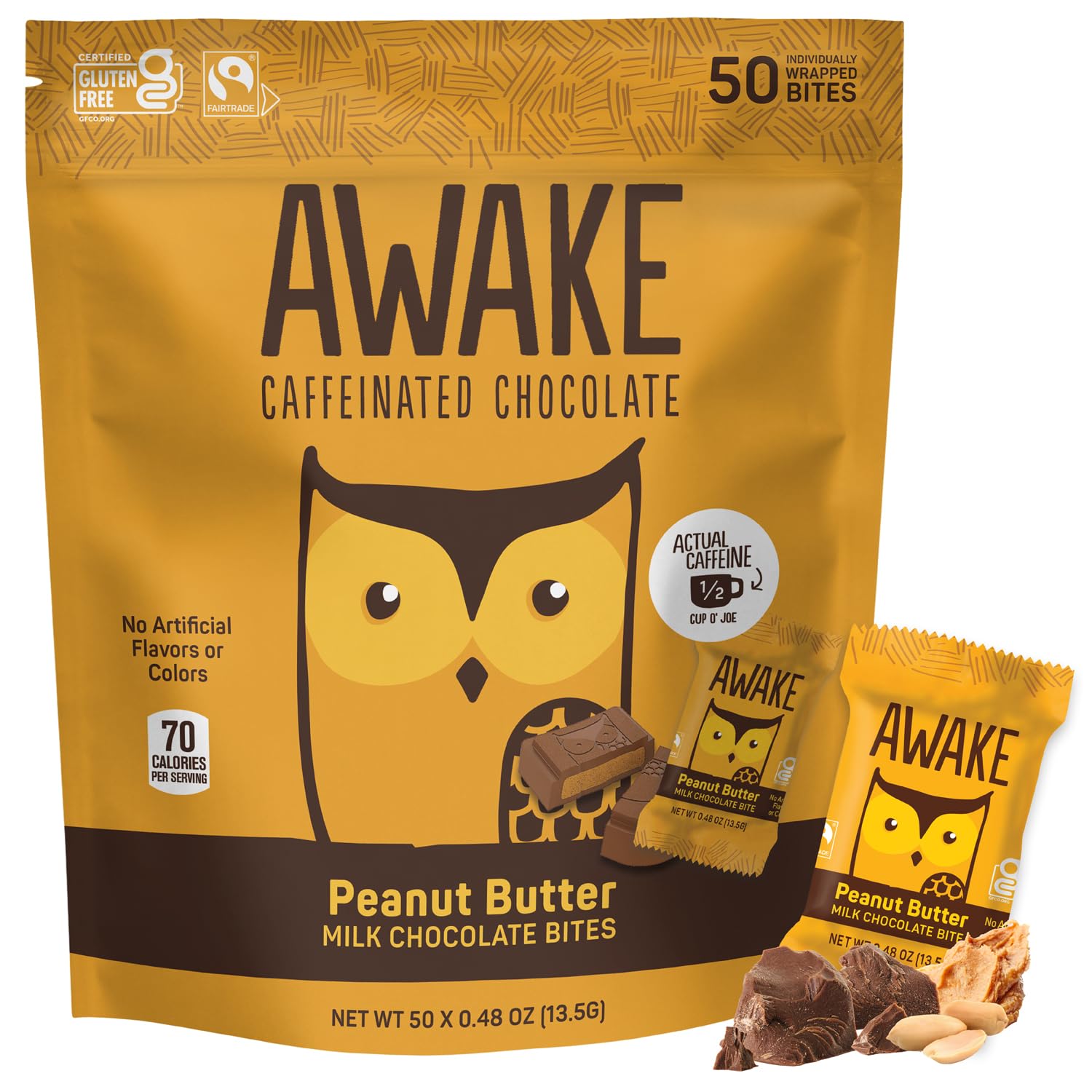 AWAKE - Caffeinated Chocolate Bites - Peanut Butter Milk Chocolate, 50 Bites - 50mg Caffeine - Wrapped Energy Bites - Coffee Alternative - Fairtrade, Gluten Free, Non GMO - 0.48oz AWAKE - Caffeinated Chocolate Bites - Peanut Butter Milk Chocolate, 50 Bites - 50mg Caffeine - Wrapped Energy Bites - Coffee Alternative - Fairtrade, Gluten Free, Non GMO - 0.48oz