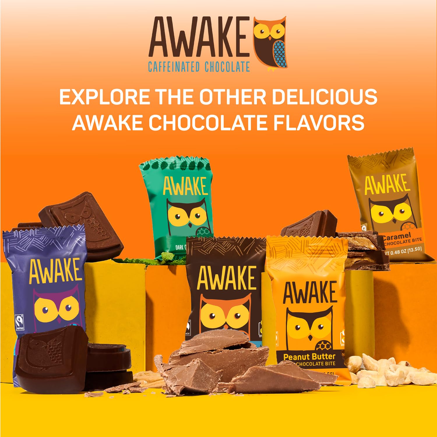 AWAKE - Caffeinated Chocolate Bites - Peanut Butter Milk Chocolate, 50 Bites - 50mg Caffeine - Wrapped Energy Bites - Coffee Alternative - Fairtrade, Gluten Free, Non GMO - 0.48oz8