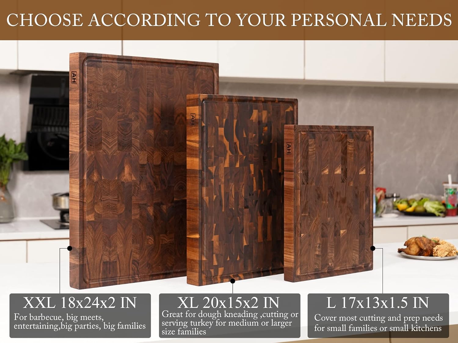 AZRHOM Extra Large Thick Walnut Wood End Grain Cutting Board 20x15x2 In, Wooden Butcher Block, Chopping Board For Kitchen with Juice Groove Handles Non-Slip Pats (Gift Box)2