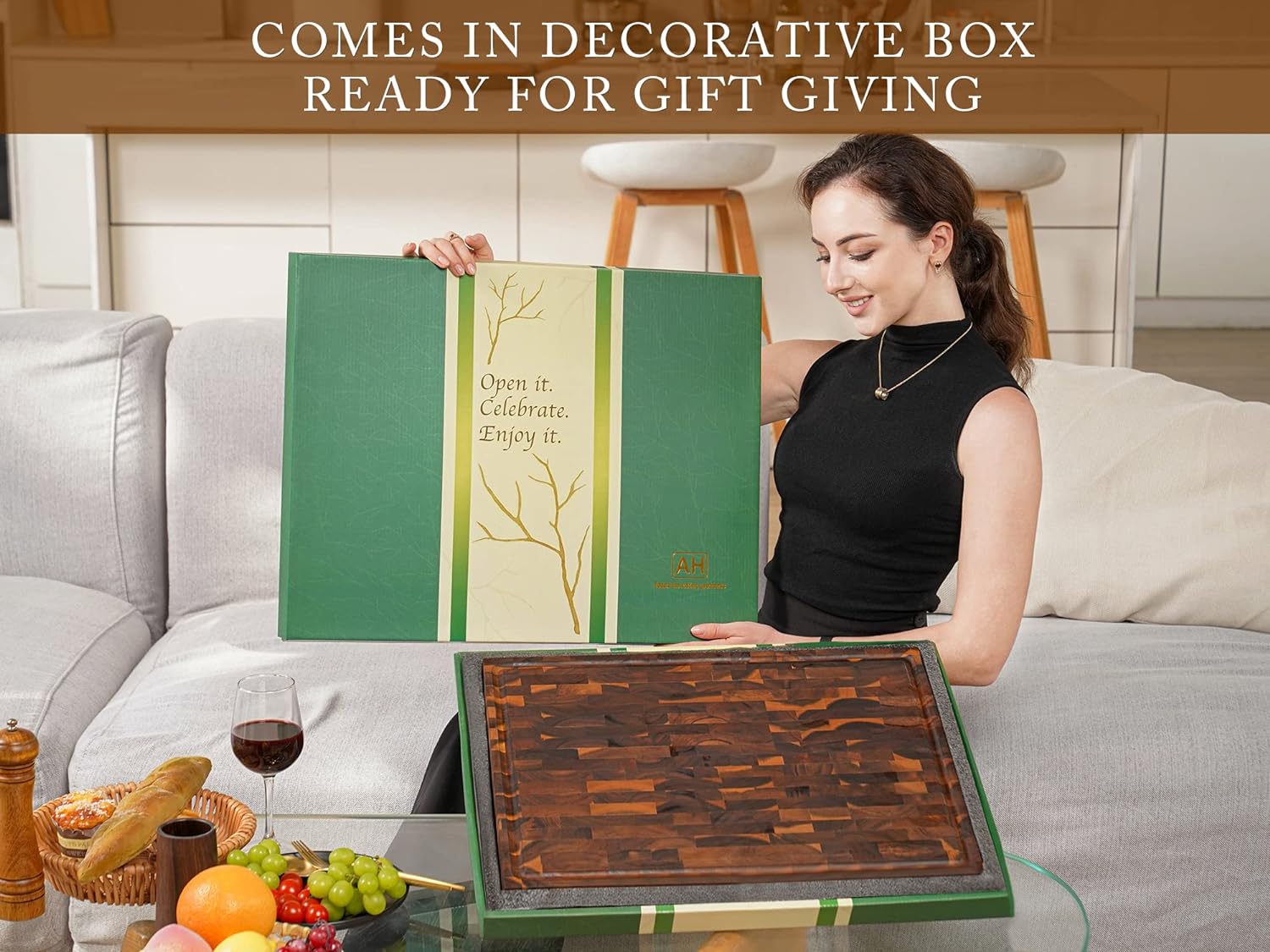 AZRHOM Extra Large Thick Walnut Wood End Grain Cutting Board 20x15x2 In, Wooden Butcher Block, Chopping Board For Kitchen with Juice Groove Handles Non-Slip Pats (Gift Box)4