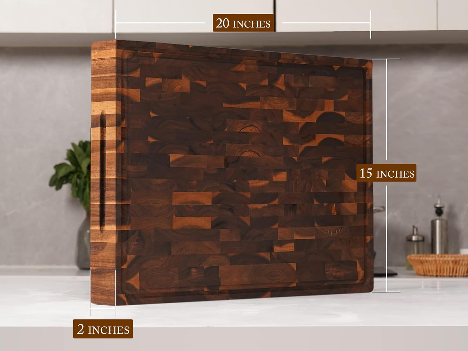 AZRHOM Extra Large Thick Walnut Wood End Grain Cutting Board 20x15x2 In, Wooden Butcher Block, Chopping Board For Kitchen with Juice Groove Handles Non-Slip Pats (Gift Box)90