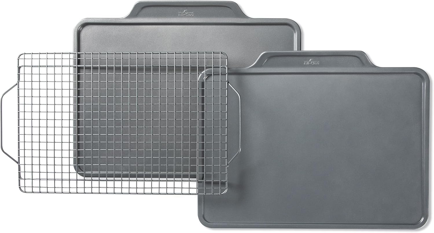 All-Clad Pro-Release Nonstick Bakeware Set 3 Piece Oven Safe 450F Half Sheet, Cookie Sheet, Muffin Pan, Cooling & Baking Rack, Round Cake Pan, Loaf Pan, Baking Pan Grey All-Clad Pro-Release Nonstick Bakeware Set 3 Piece Oven Safe 450F Half Sheet, Cookie Sheet, Muffin Pan, Cooling & Baking Rack, Round Cake Pan, Loaf Pan, Baking Pan Grey