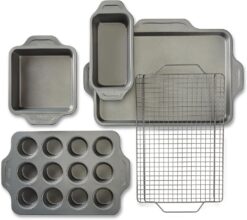 All-Clad Pro-Release Nonstick Bakeware Set 5 Piece Oven Safe 450F Half Sheet, Cookie Sheet, Muffin Pan, Cooling & Baking Rack, Round Cake Pan, Loaf Pan, Baking Pan Grey