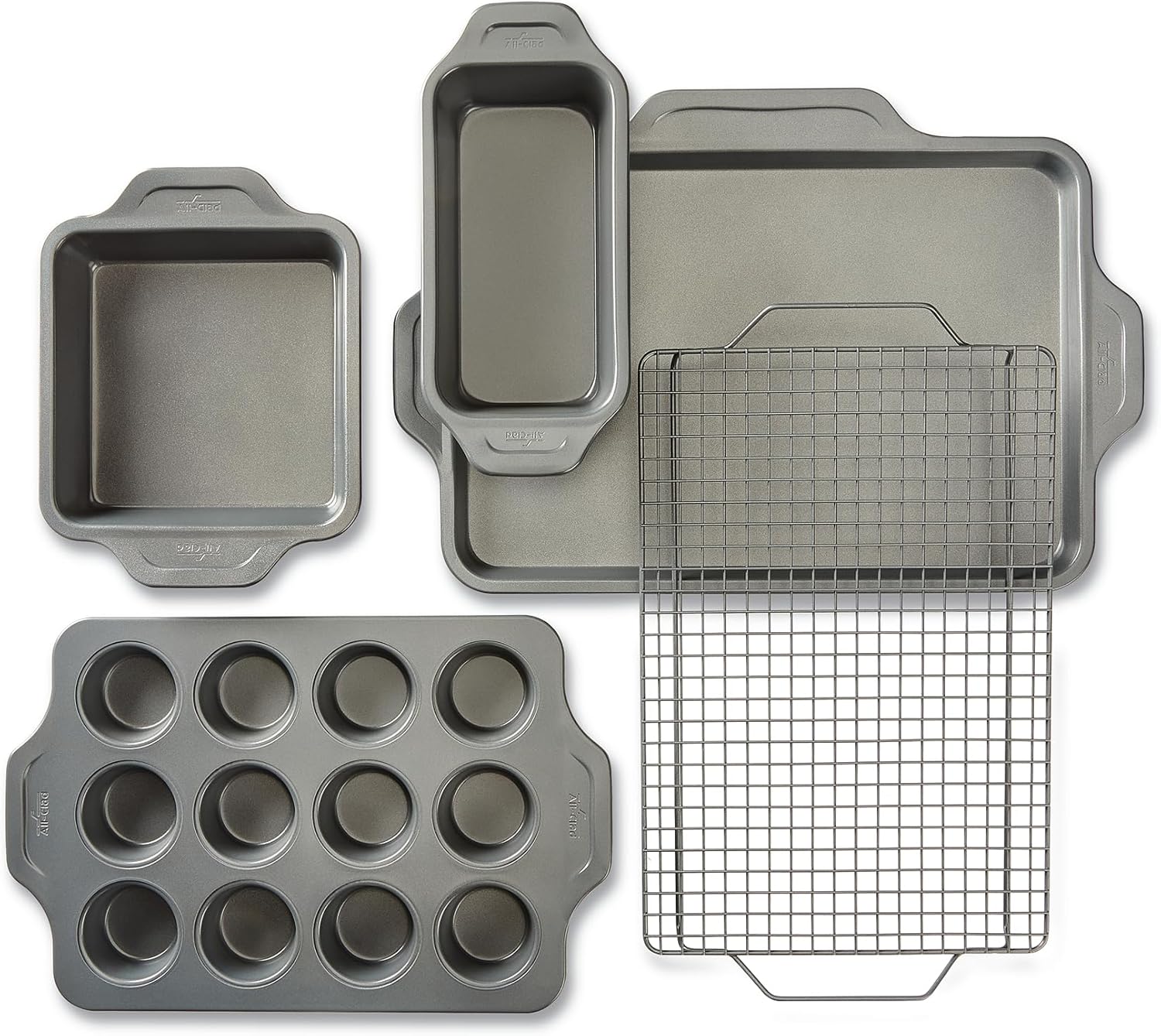 All-Clad Pro-Release Nonstick Bakeware Set 5 Piece Oven Safe 450F Half Sheet, Cookie Sheet, Muffin Pan, Cooling & Baking Rack, Round Cake Pan, Loaf Pan, Baking Pan Grey All-Clad Pro-Release Nonstick Bakeware Set 5 Piece Oven Safe 450F Half Sheet, Cookie Sheet, Muffin Pan, Cooling & Baking Rack, Round Cake Pan, Loaf Pan, Baking Pan Grey