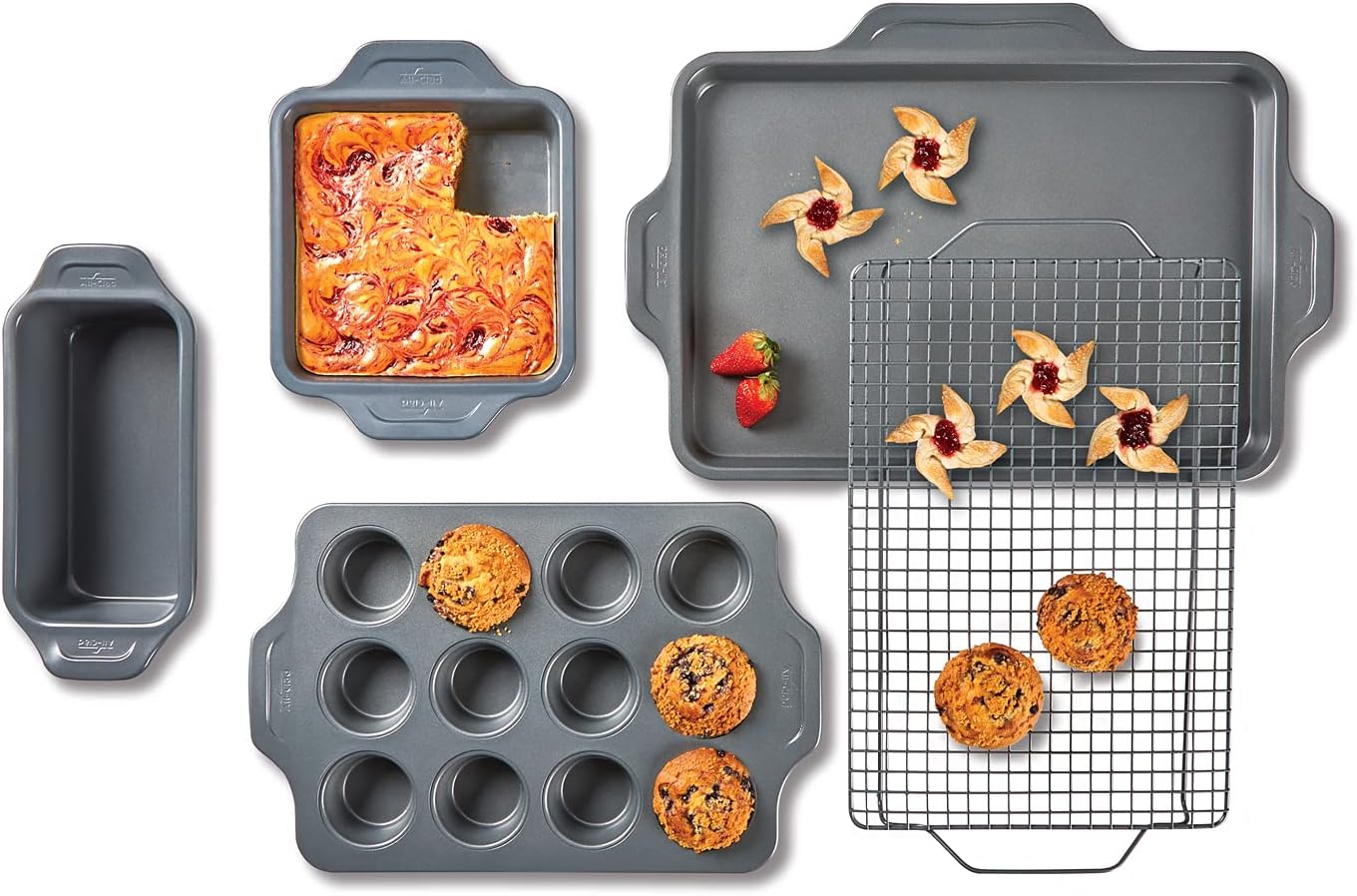 All-Clad Pro-Release Nonstick Bakeware Set 5 Piece Oven Safe 450F Half Sheet, Cookie Sheet, Muffin Pan, Cooling & Baking Rack, Round Cake Pan, Loaf Pan, Baking Pan Grey9