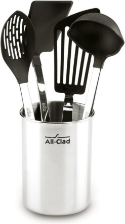 All-Clad Specialty Stainless Steel with Nylon Head Kitchen Gadgets 4 Piece Tool Set with Caddy Kitchen Tools, Kitchen Hacks Silver