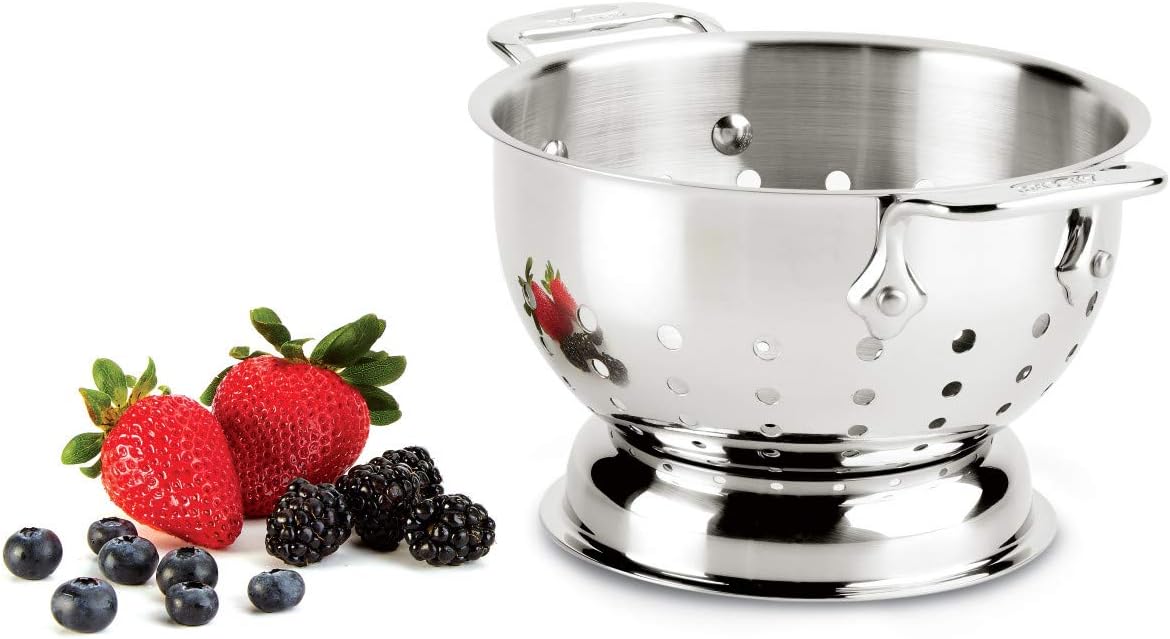 All-Clad Tools and Accessories Stainless Steel Colander 1.5 Quart Strainer, Pasta Strainer with Handle, Pots and Pans Silver1