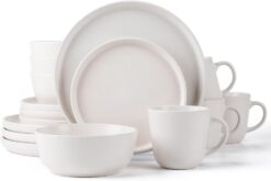 Arora SKUGGA Round Stoneware 16pc Dinnerware Set of 4, Dinner Plates, Side Plates, Cereal Bowls, Mugs - Matte White (466817)