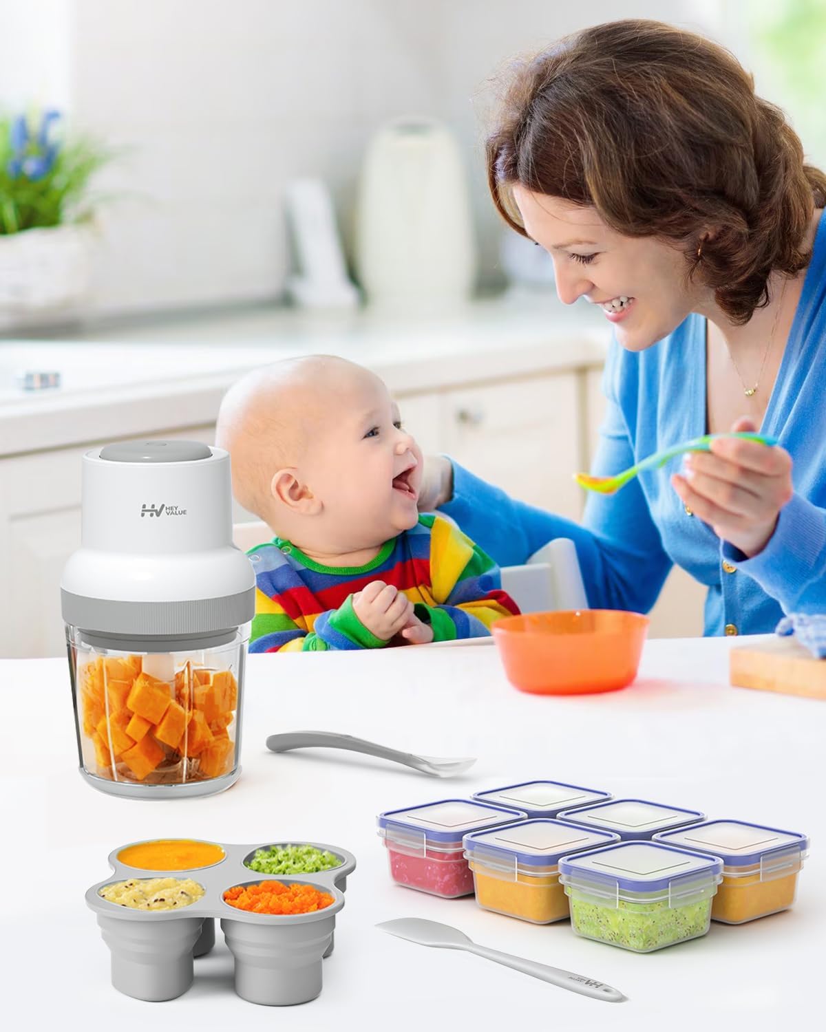 Baby Food Maker, HEYVALUE 13-in-1 Baby Food Processor Set for Baby Food, Fruit, Vegatable, Meat, Baby Food Puree Blender with Baby Food Containers, Food Freezer Tray, Silicone Spoons, Spatula (Gray)5