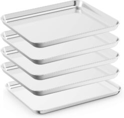 Baking Sheet Set of 5, Stainless Steel 5 Piece Cookie Sheet, Toaster Oven Baking Pan Set, Rectangle Size 16 x 12 x 1 inch, Healthy, Mirror Finish, Rust Free, Dishwasher Safe