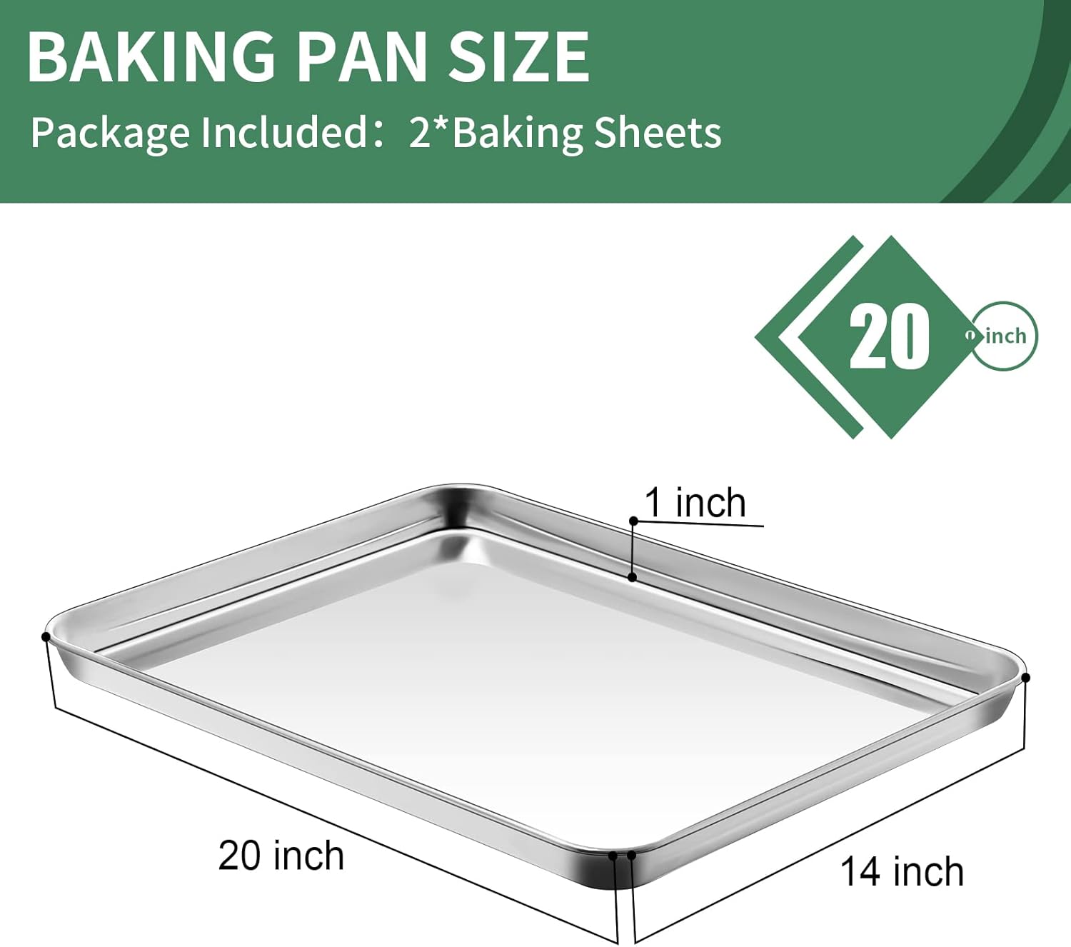 Baking Sheets Set of 2, HKJ Chef Cookie Sheets 2 Pieces Stainless Steel Baking Pans & Toaster Oven Tray Pans, Rectangle Size 20L x 14W x 1H inch & Non Toxic & Healthy & Easy Clean…1